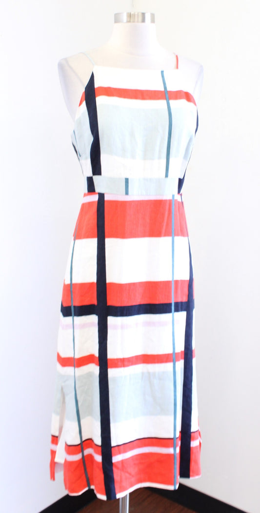 NWT $149 Ann Taylor Picnic Plaid Linen Blend Midi Dress Size 2 Sleeveless Stripe