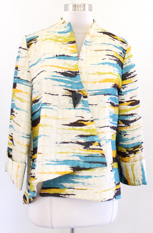 IC by Connie K Abstract Print Asymmetrical Cut Topper Jacket Size S Blue Yellow