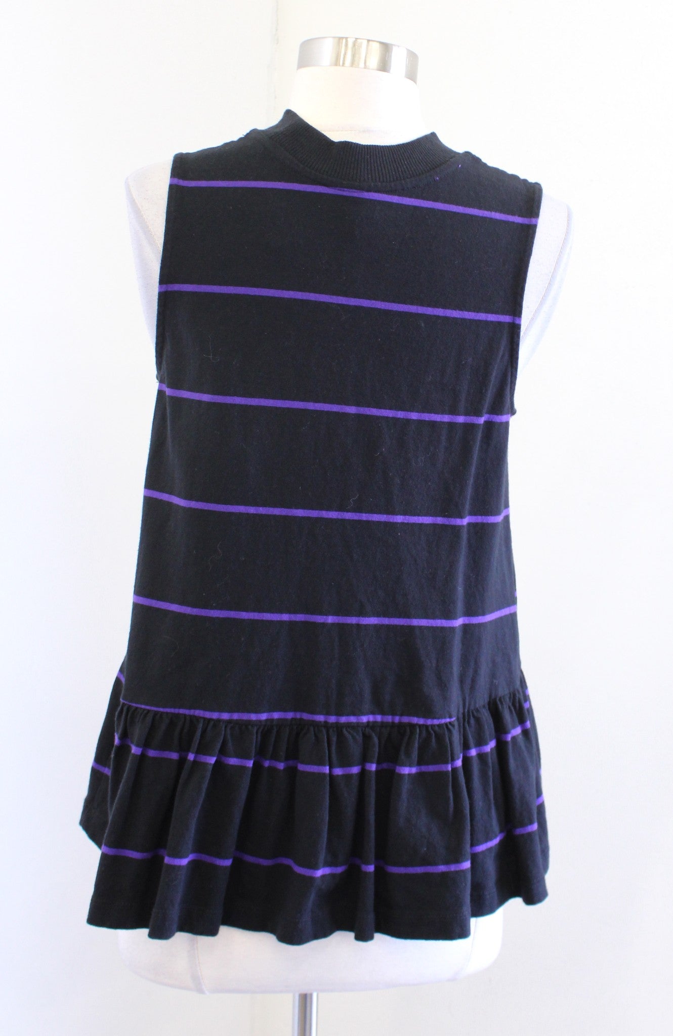 NWT Anthropologie Hildi Black Purple Striped Knit Peplum Top Mock Neck Size S