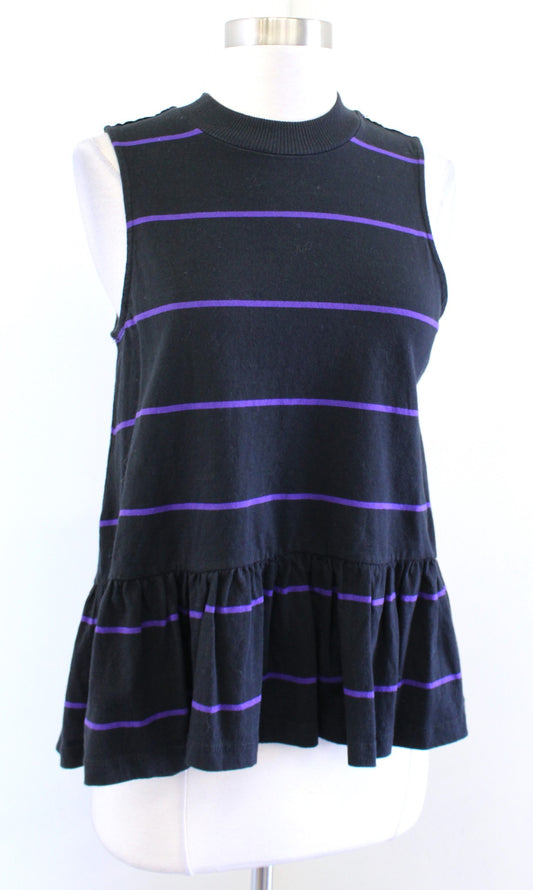 NWT Anthropologie Hildi Black Purple Striped Knit Peplum Top Mock Neck Size S