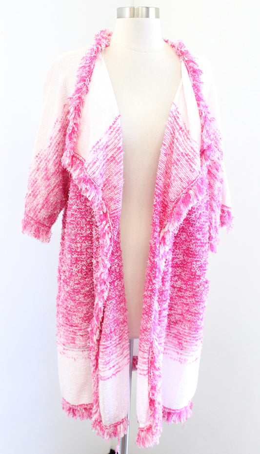 St John Pink White Knit Fringe Kimono Style Cardigan Sweater Jacket Size S Open