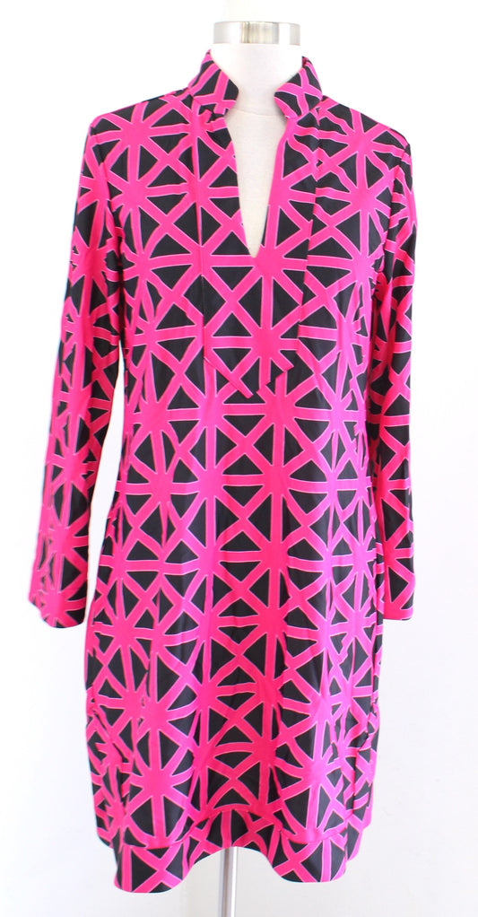 Jude Connally Black Pink Geometric Print Long Sleeve Mock Neck Dress Size M