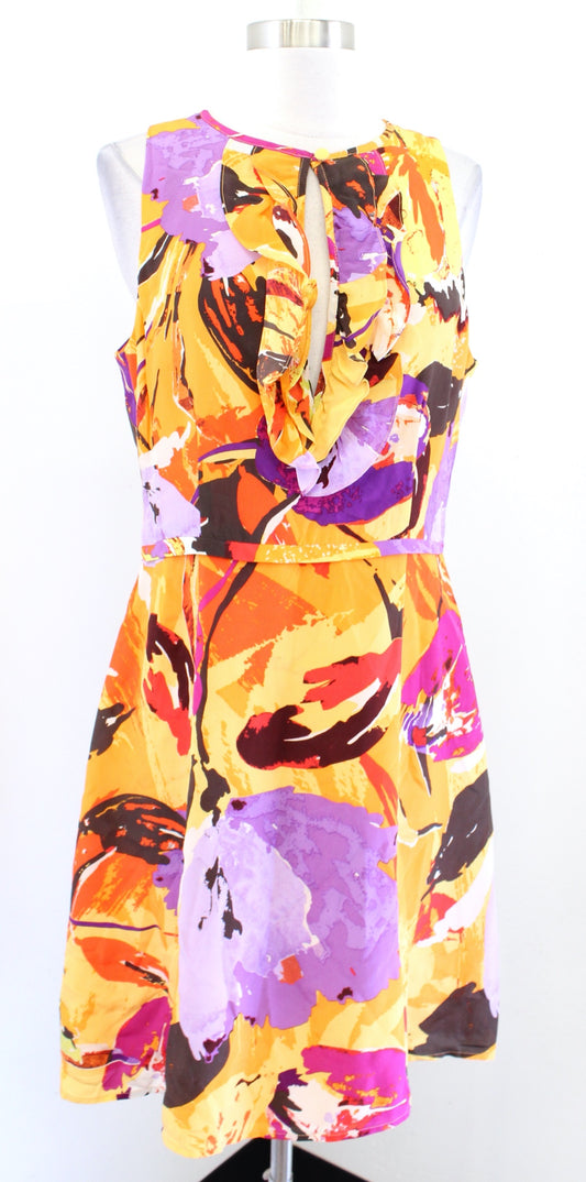 Nanette Lepore Abstract Floral Silk A Line Flared Dress Size 10 Yellow Orange