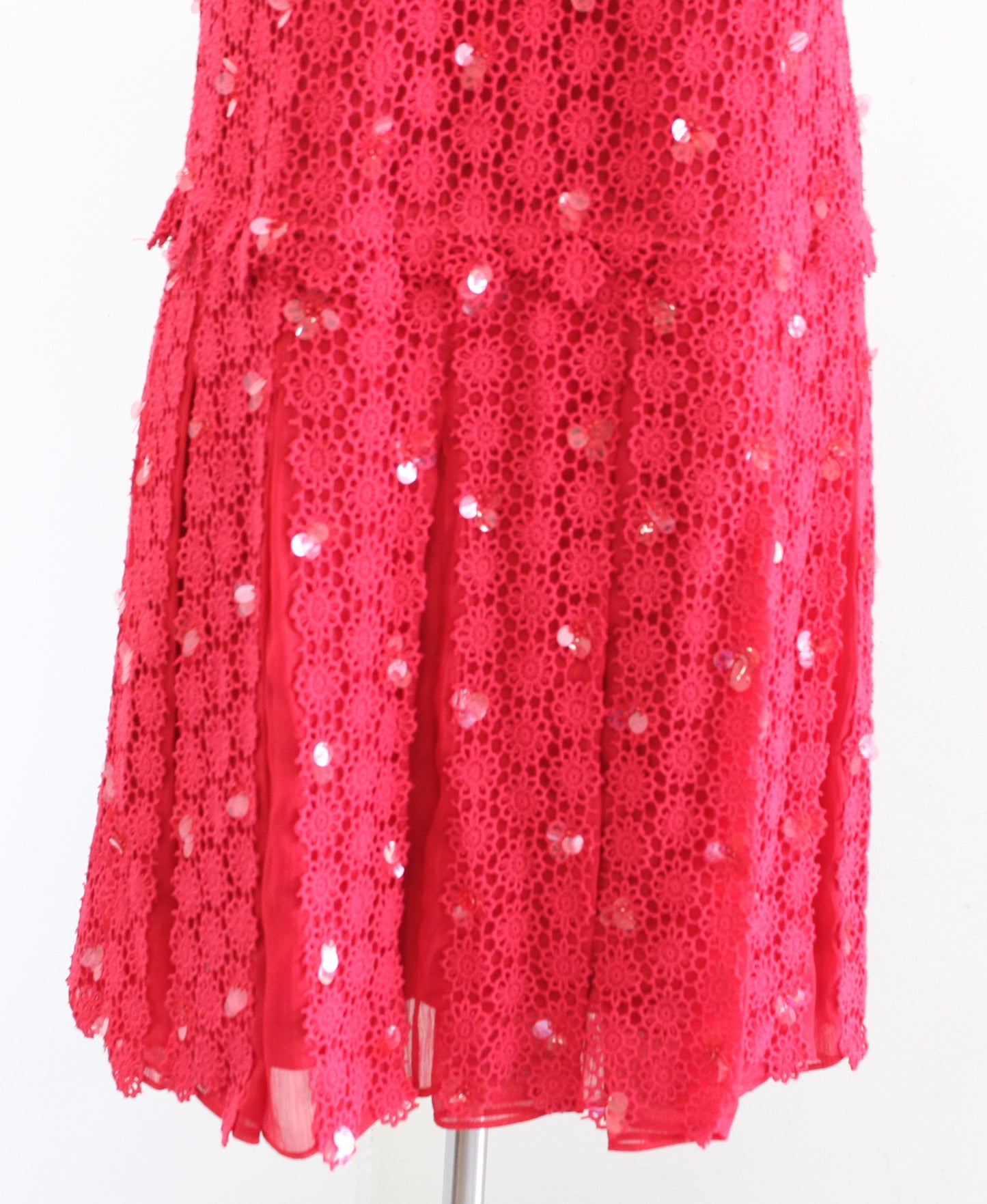 Elie Tahari Womens Red Crochet Lace Floral Sequin Pleated Hem Dress Size 4