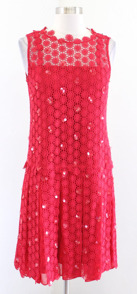 Elie Tahari Womens Red Crochet Lace Floral Sequin Pleated Hem Dress Size 4