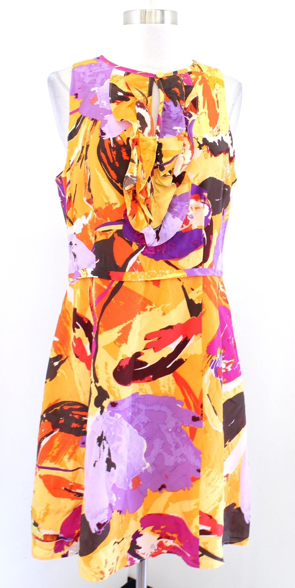 Nanette Lepore Abstract Floral Silk A Line Flared Dress Size 10 Yellow Orange