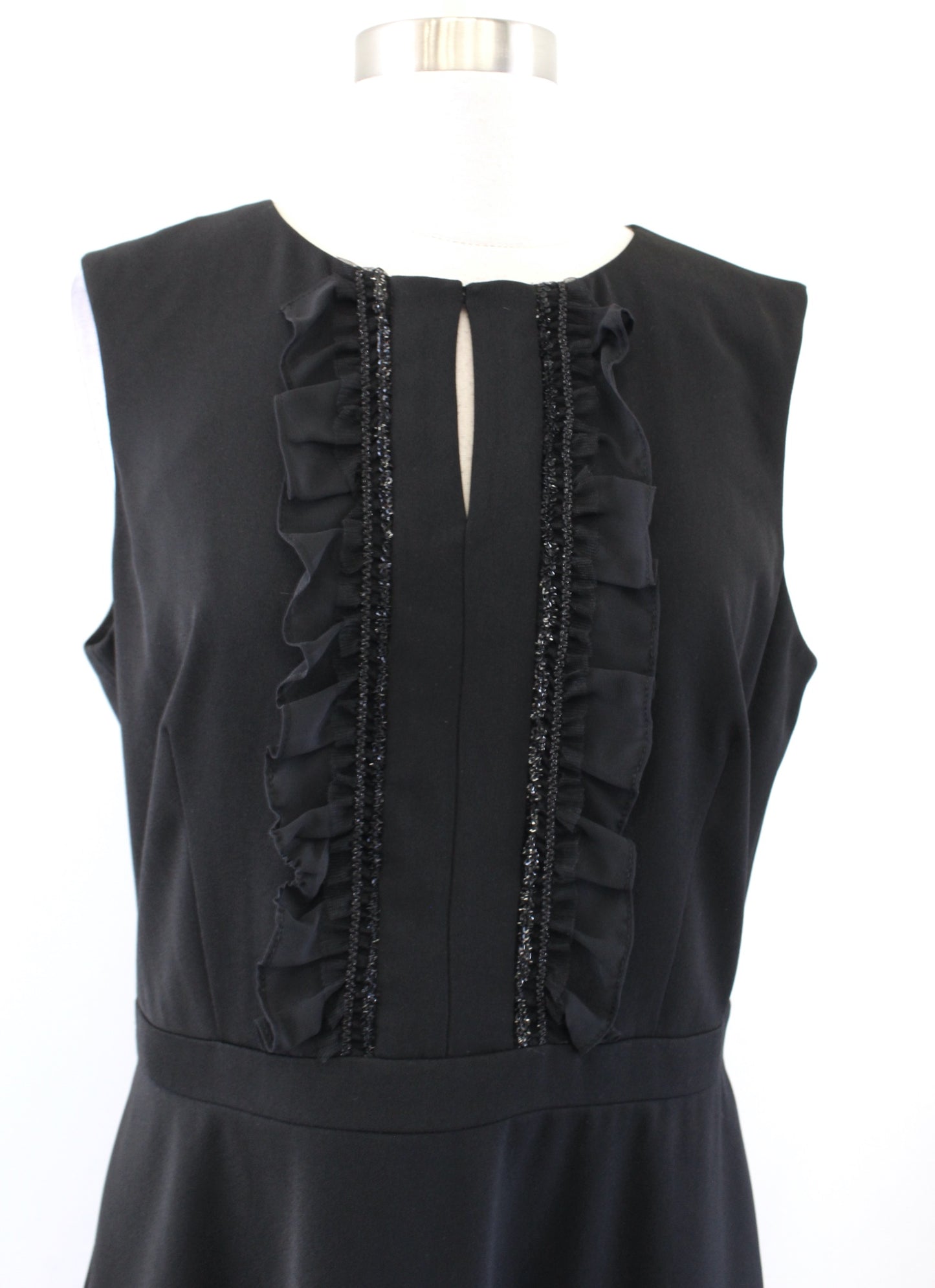 Tahari ASL Levine Womens Black Keyhole Metallic Ruffle Trim Sheath Dress Size 10