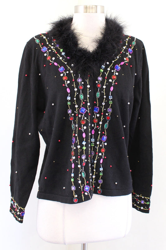 Black Colorful Jewel Beaded Embellished Boa Collar Cardigan Sweater Sz L Holiday
