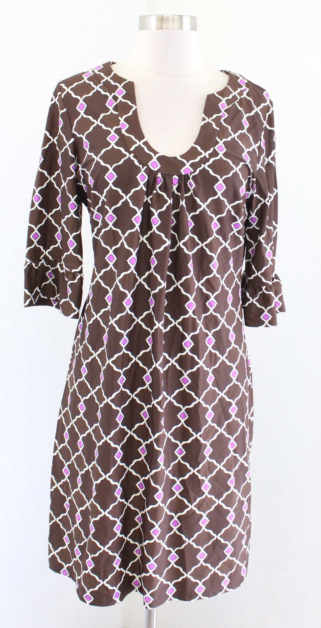 Jude Connally Brown White Pink Geometric Print Knotch Neck Shift Dress Size M