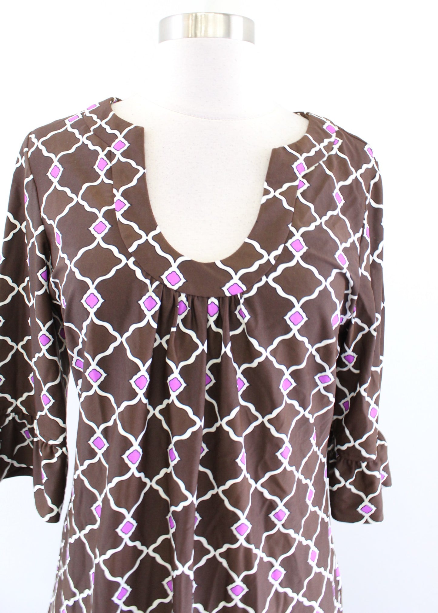 Jude Connally Brown White Pink Geometric Print Knotch Neck Shift Dress Size M