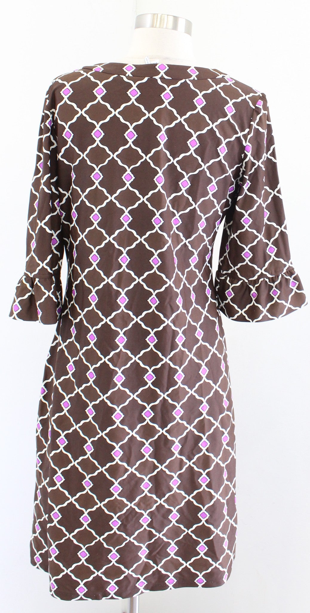 Jude Connally Brown White Pink Geometric Print Knotch Neck Shift Dress Size M