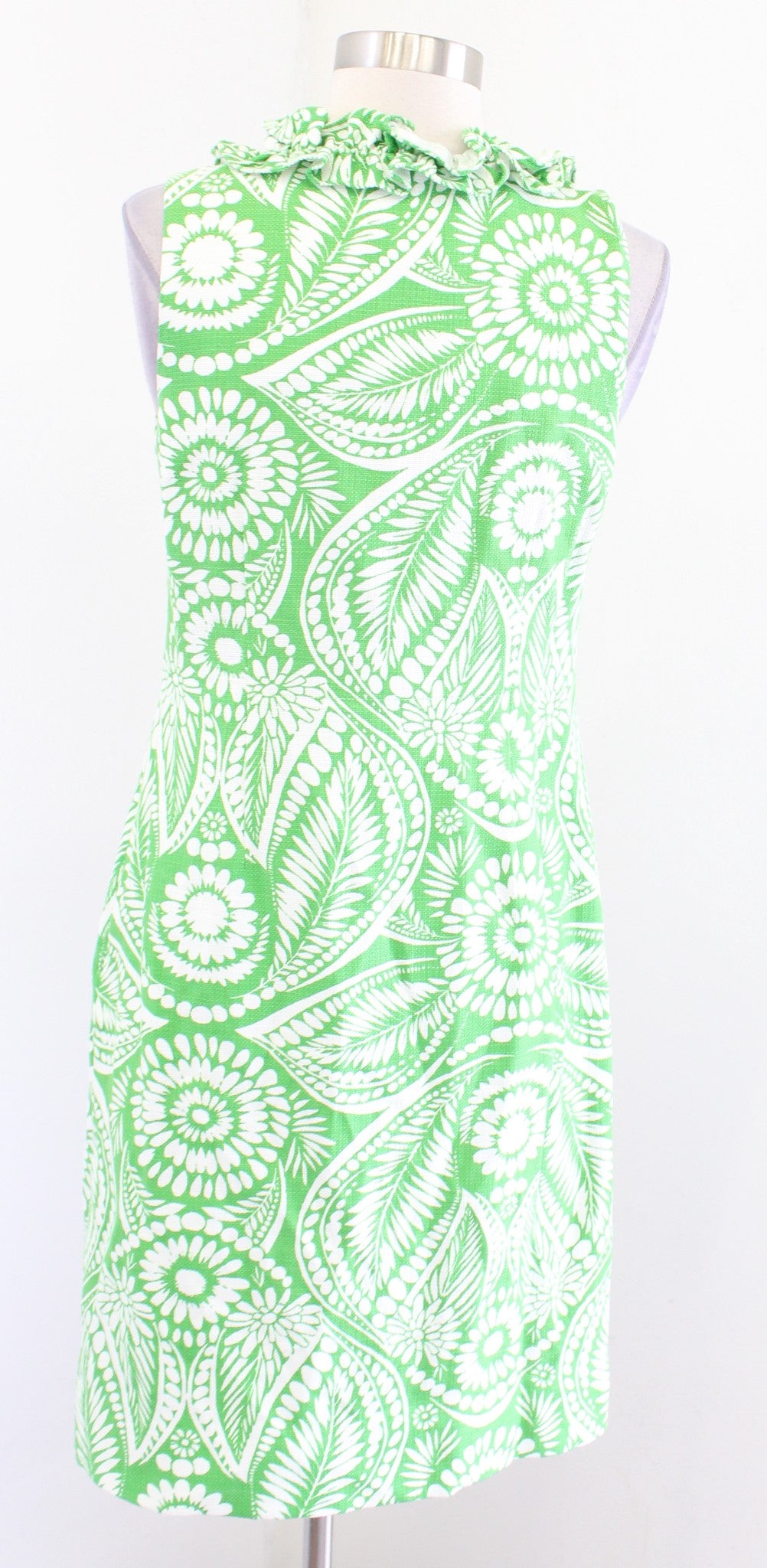 Kate Spade Bonnie Green White Floral Ruffle Neck Textured Sheath Dress Size S