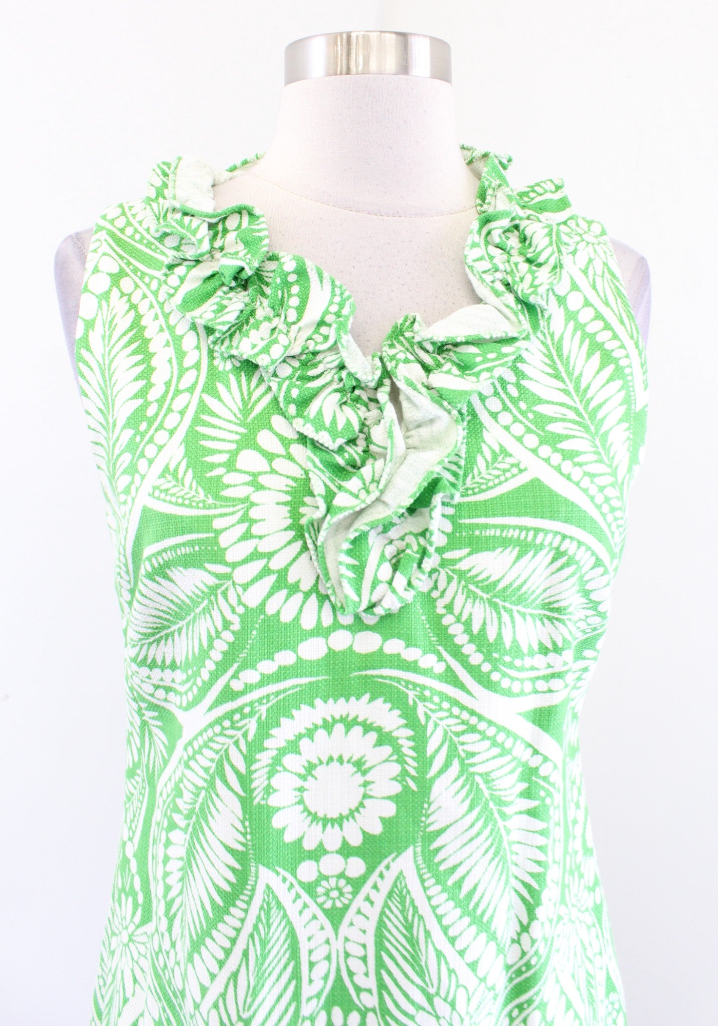 Kate Spade Bonnie Green White Floral Ruffle Neck Textured Sheath Dress Size S