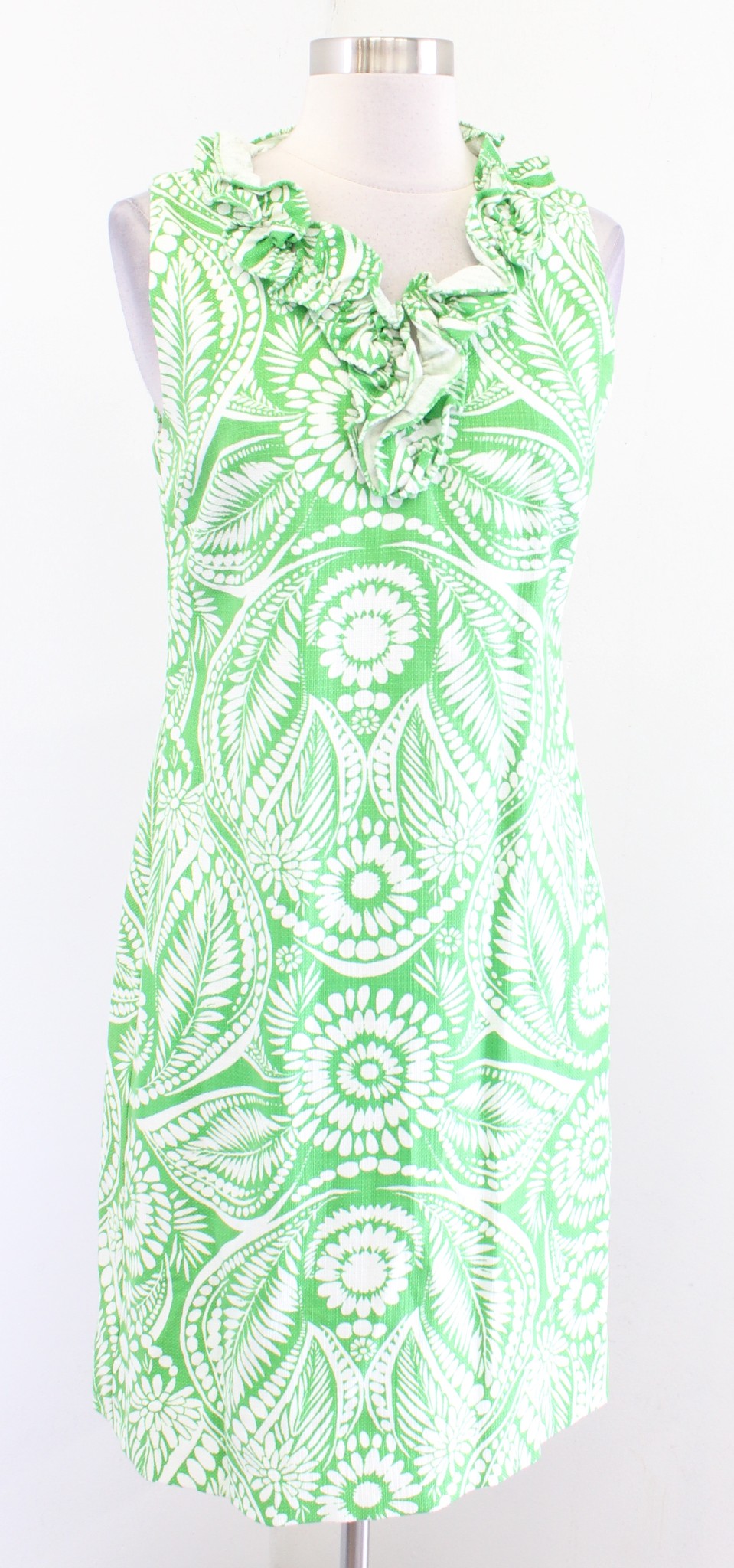 Kate Spade Bonnie Green White Floral Ruffle Neck Textured Sheath Dress Size S