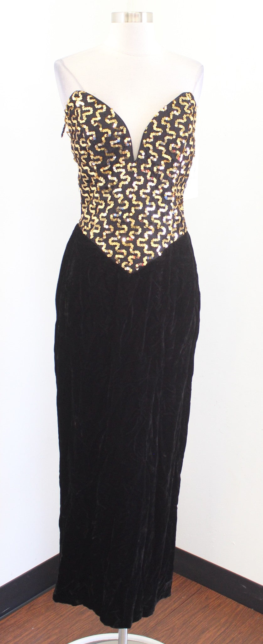 NWT Vtg 90s Black Velvet Gold Sequin Strapless Evening Party Dress Size 13 M ?