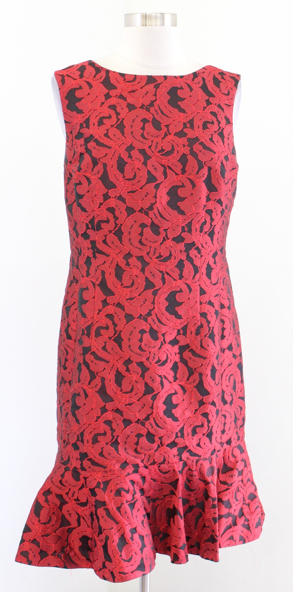 Ann Taylor Red Floral Jaquard Ruffle Flounce Hem Sheath Dress Holiday Party Sz 8