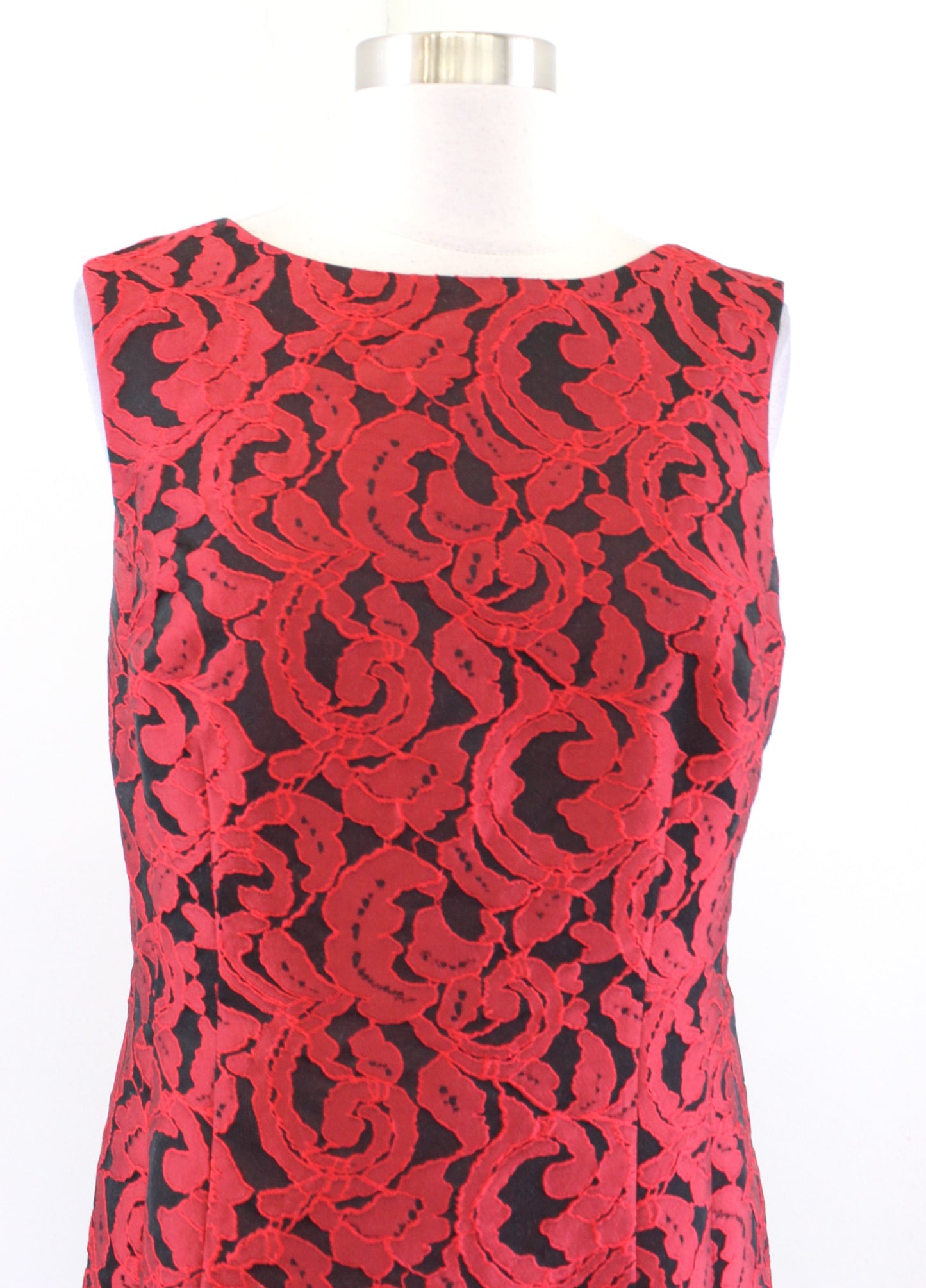 Ann Taylor Red Floral Jaquard Ruffle Flounce Hem Sheath Dress Holiday Party Sz 8