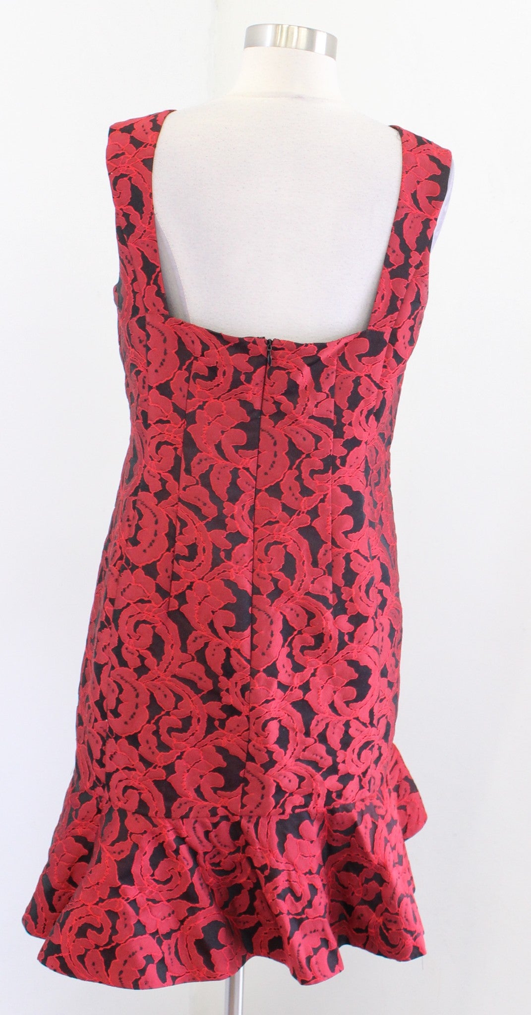 Ann Taylor Red Floral Jaquard Ruffle Flounce Hem Sheath Dress Holiday Party Sz 8