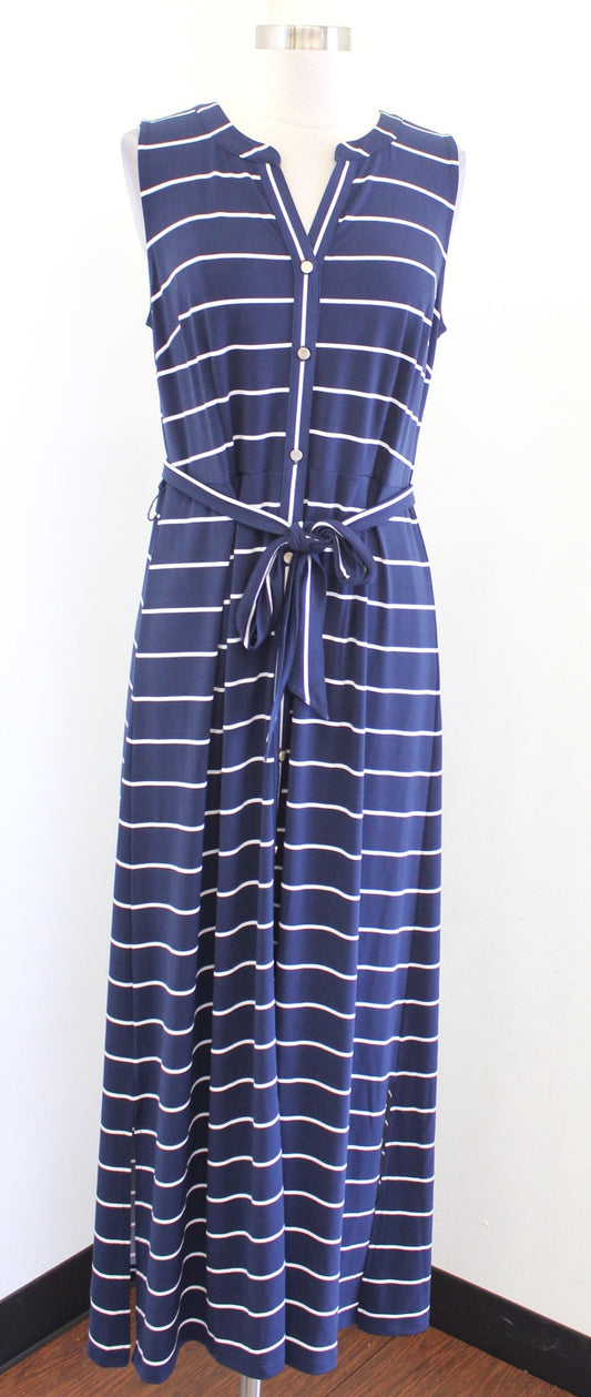 NWT Talbots Navy Blue White Striped Jersey Knit Tie Waist Maxi Dress Size M