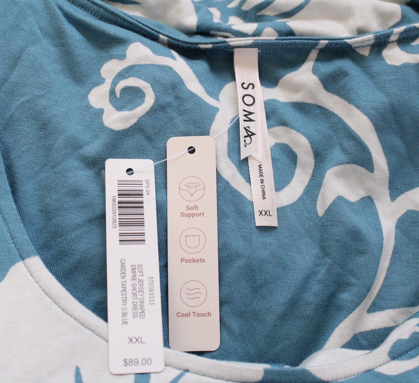 NWT Soma Soft Jersey Draped Empire Bra Dress Size XXL Blue White Floral Casual