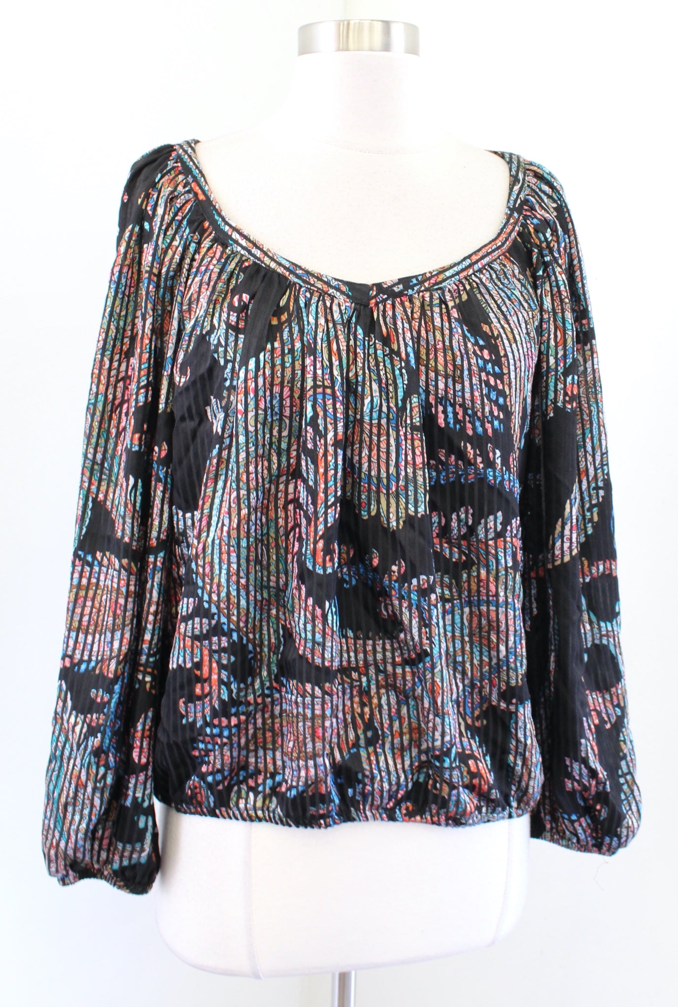 Maeve Anthropologie Madeira Black Paisley Print Burnout Satin Top Blouse Size XS