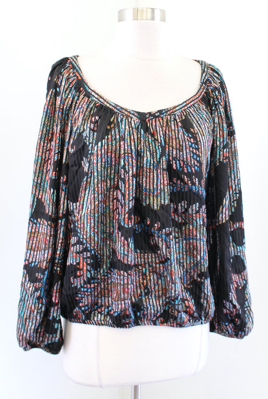 Maeve Anthropologie Madeira Black Paisley Print Burnout Satin Top Blouse Size XS