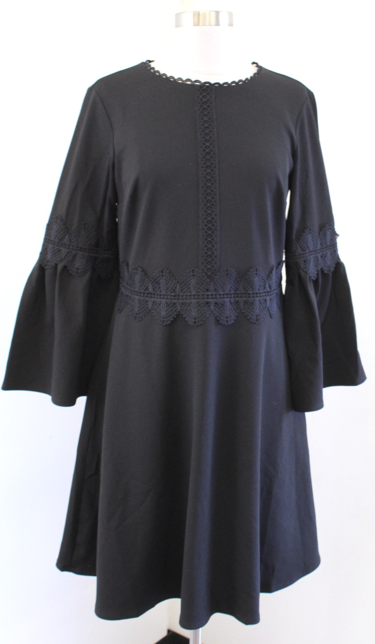 NWT Banana Republic Black Ponte Lace Trim Bell Sleeve Fit and Flare Dress Size 6