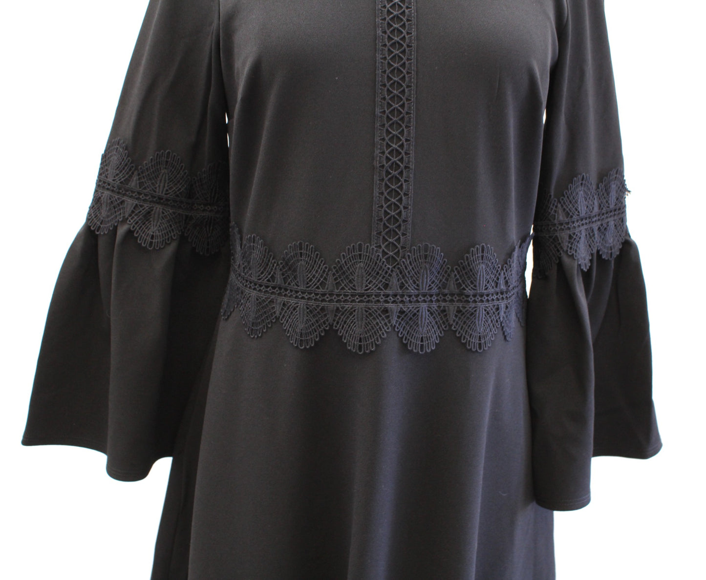 NWT Banana Republic Black Ponte Lace Trim Bell Sleeve Fit and Flare Dress Size 6