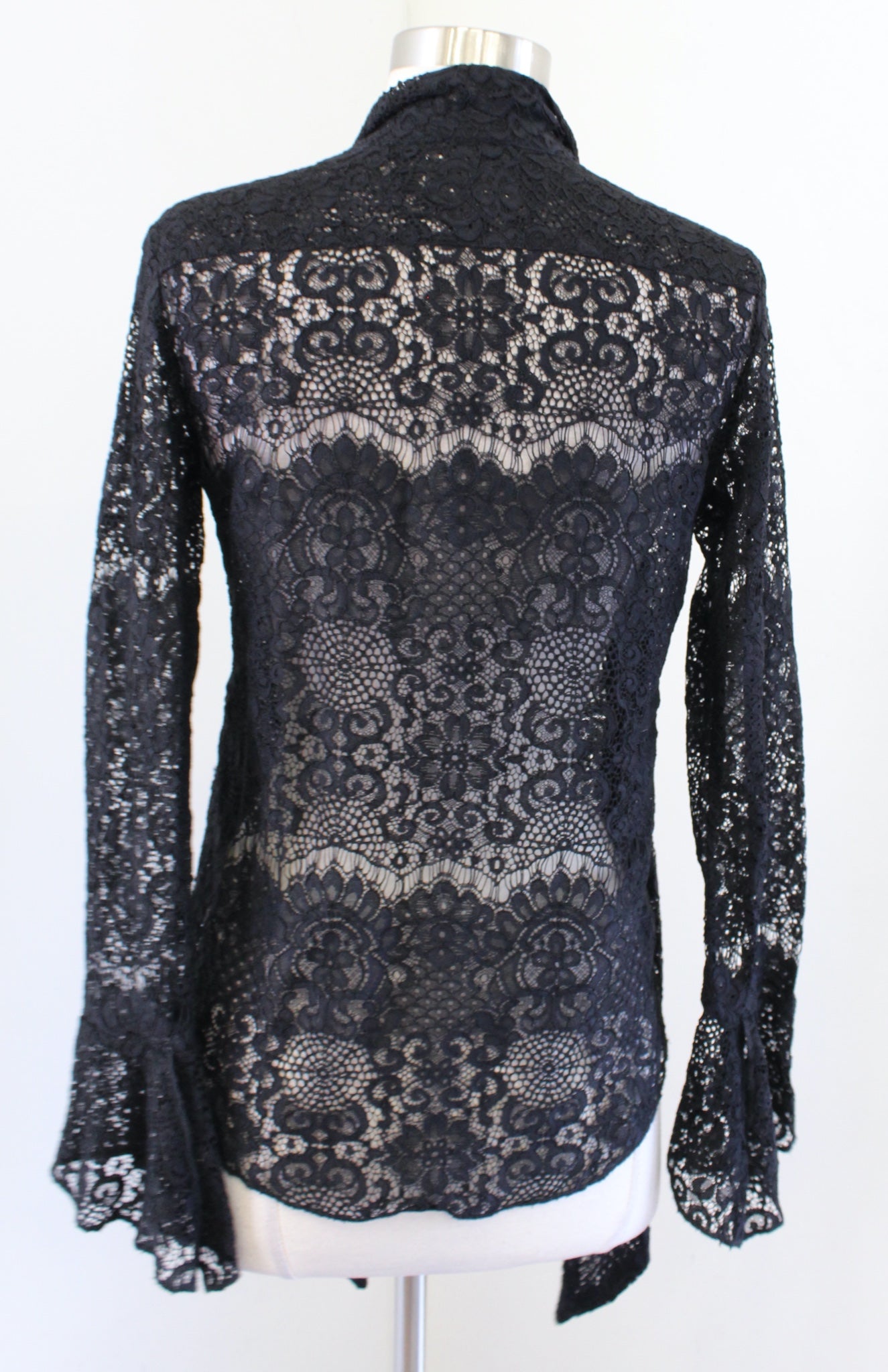 Denim and Supply Ralph Lauren Black Sheer Lace Tie Neck Button Down Blouse Sz XS Long Sleeve