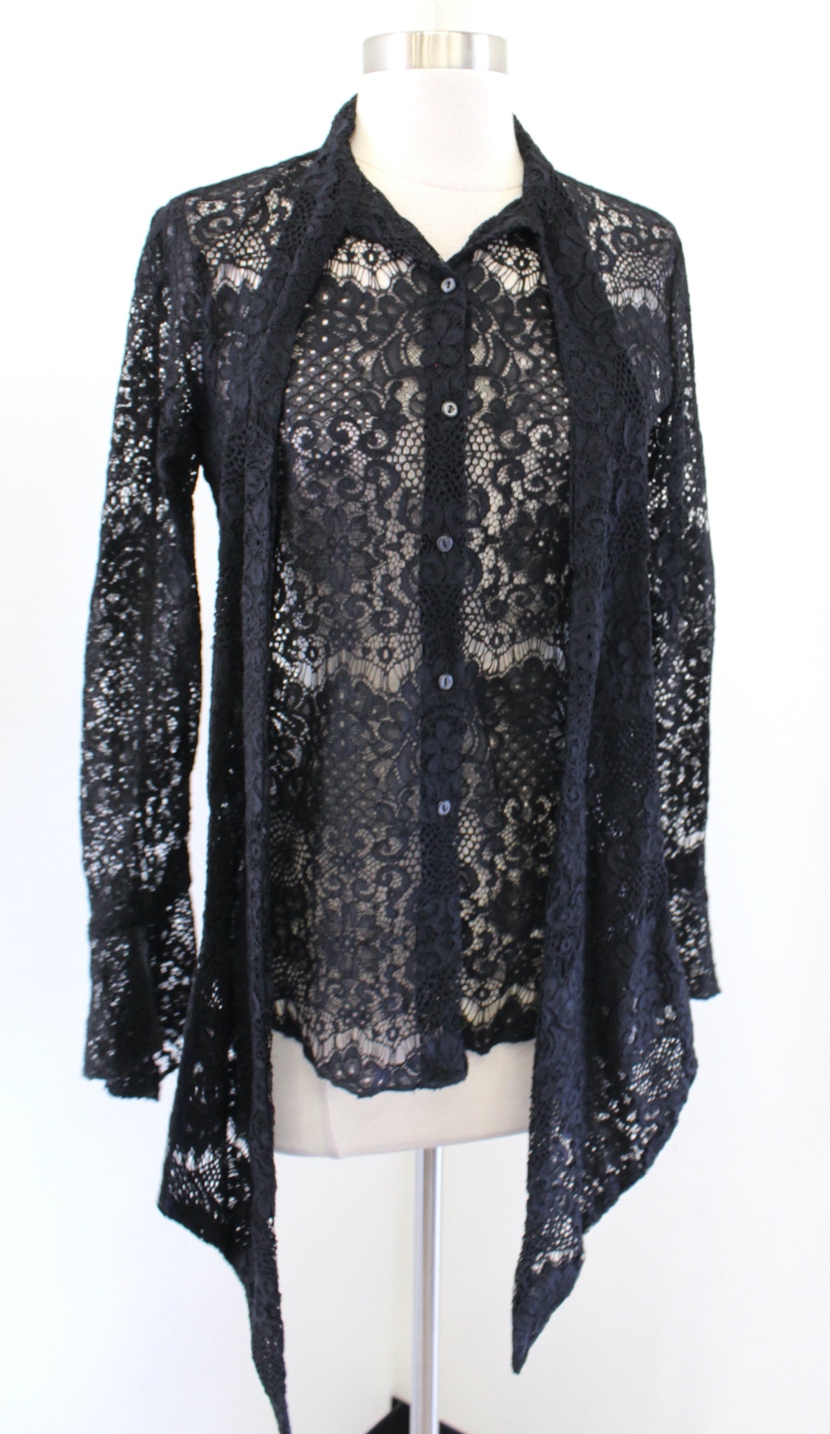 Denim and Supply Ralph Lauren Black Sheer Lace Tie Neck Button Down Blouse Sz XS Long Sleeve