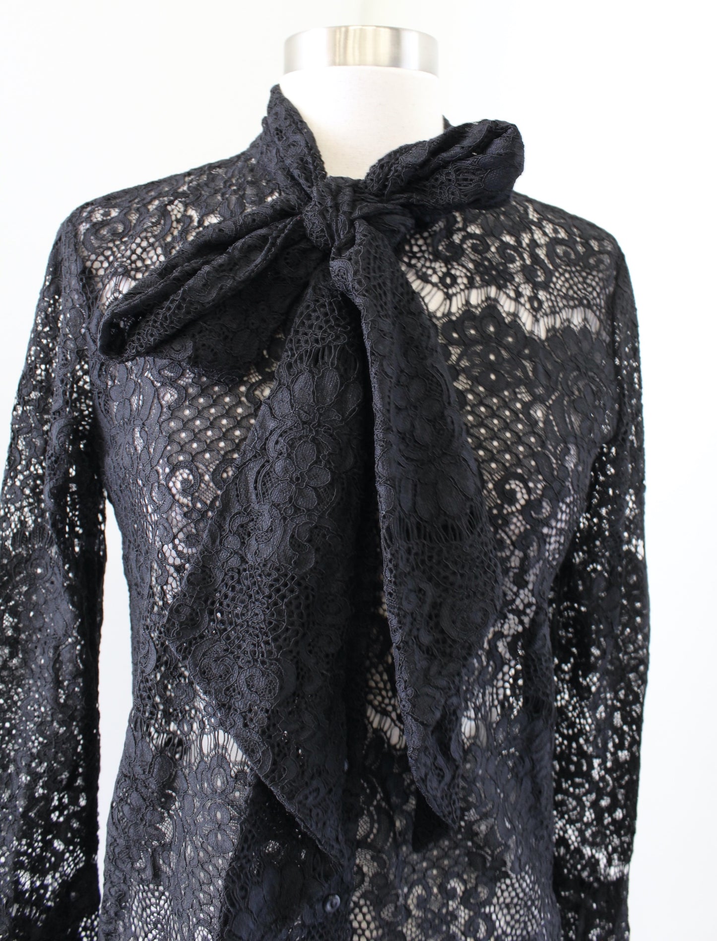 Denim and Supply Ralph Lauren Black Sheer Lace Tie Neck Button Down Blouse Sz XS Long Sleeve