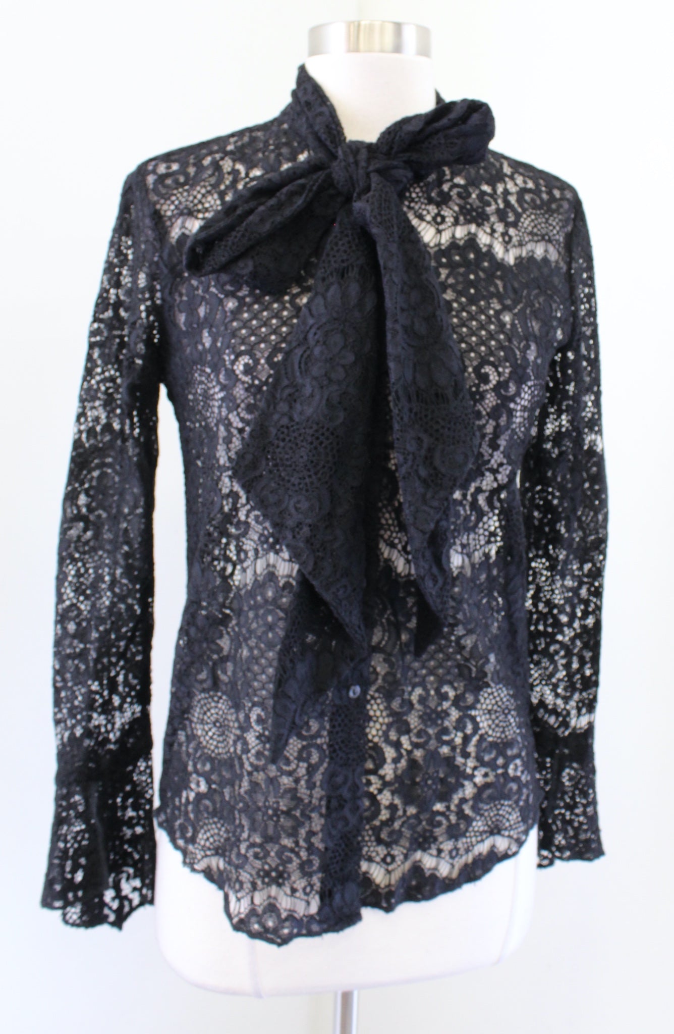 Denim and Supply Ralph Lauren Black Sheer Lace Tie Neck Button Down Blouse Sz XS Long Sleeve