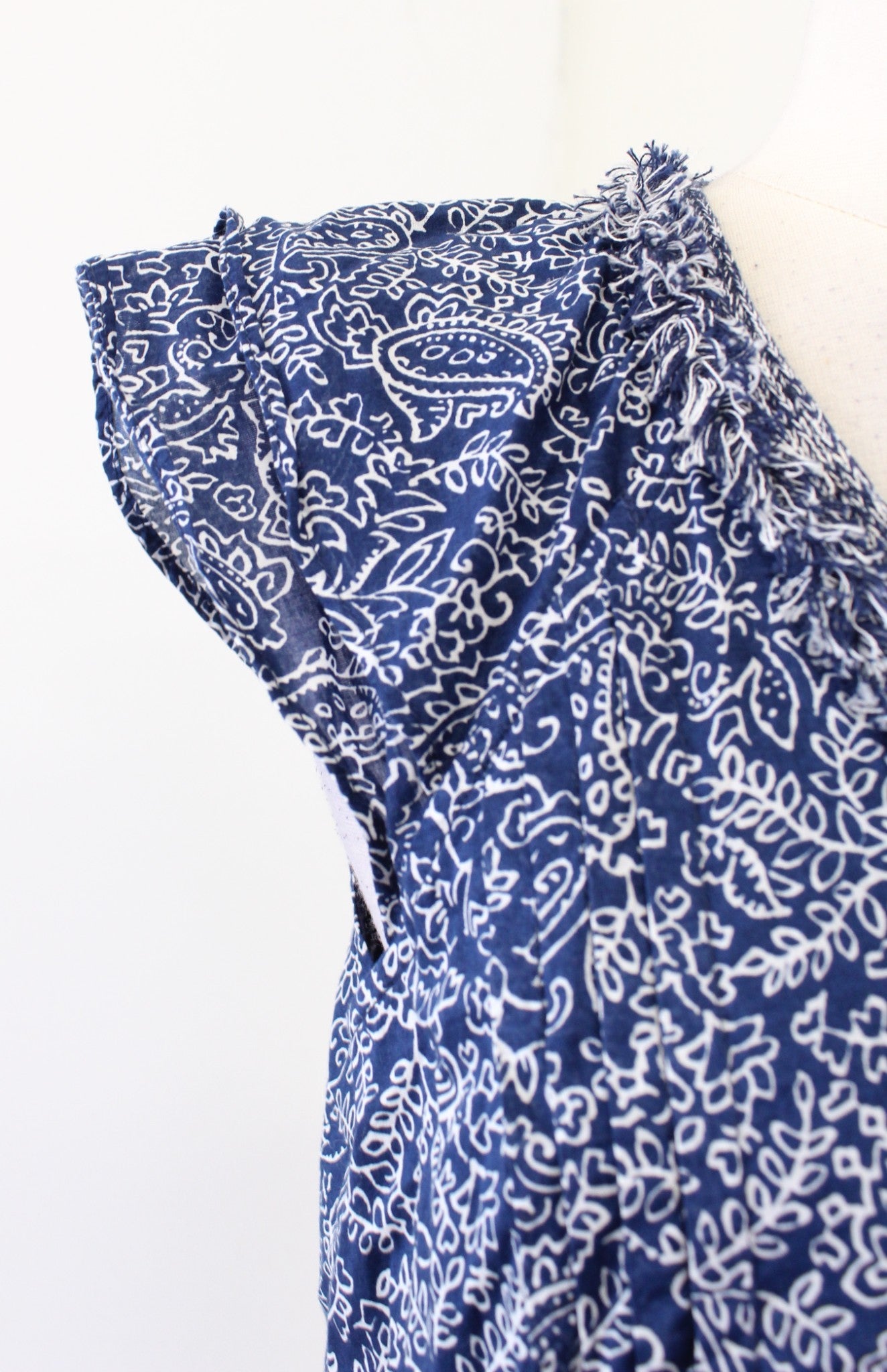 J McLaughlin Navy Blue Paisley Print Fringe Trim Cotton Shift Swing Dress Size S