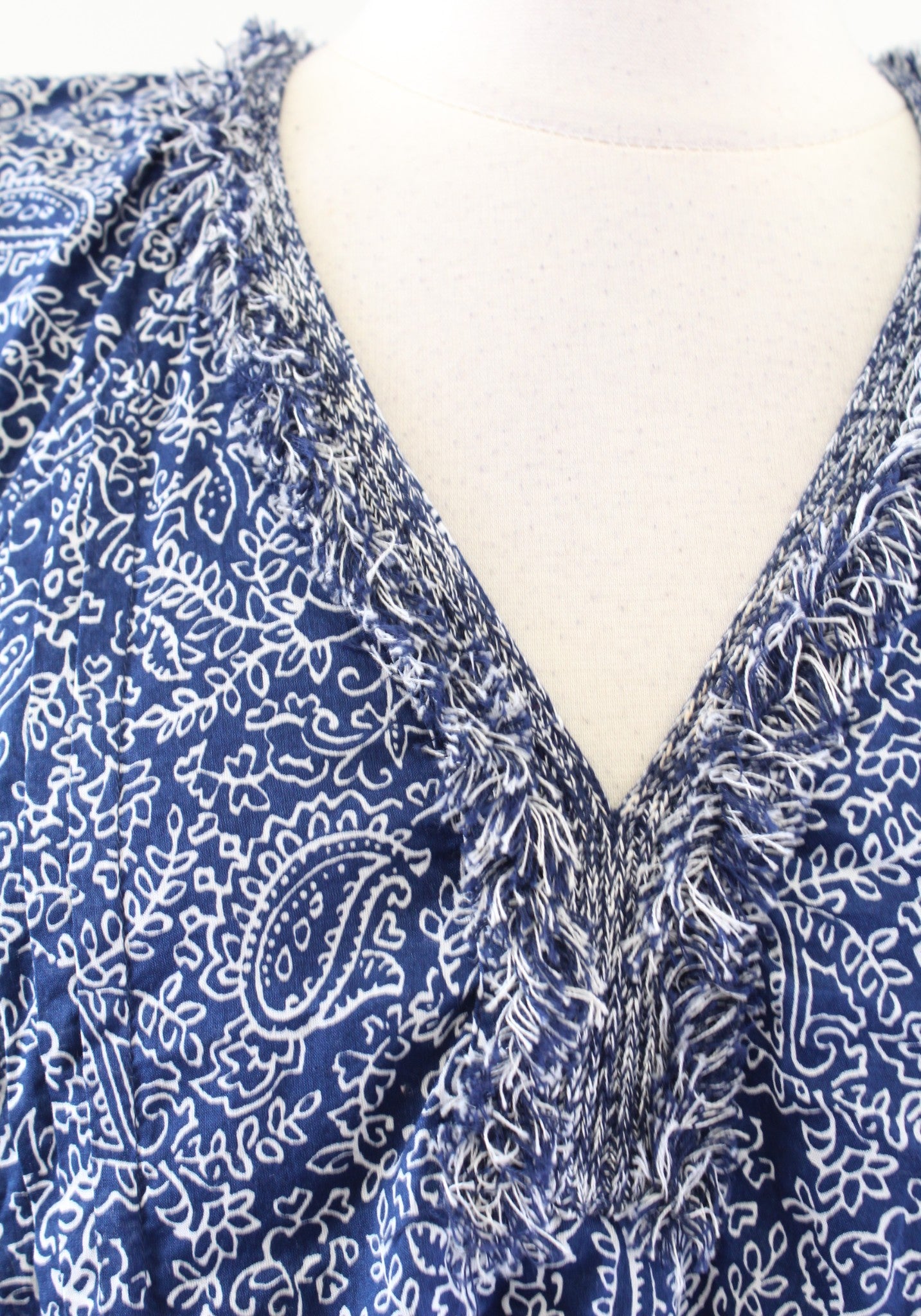 J McLaughlin Navy Blue Paisley Print Fringe Trim Cotton Shift Swing Dress Size S