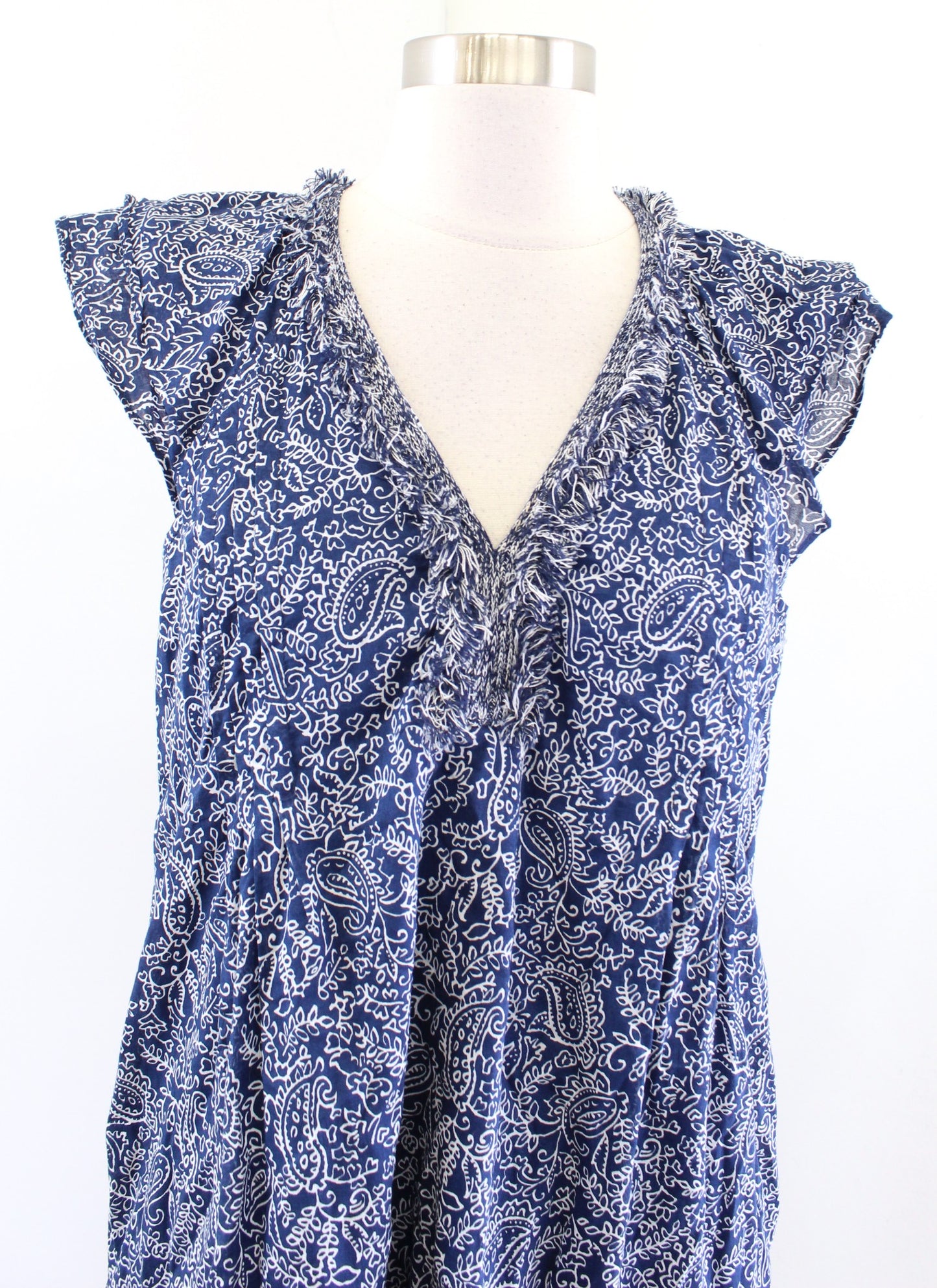 J McLaughlin Navy Blue Paisley Print Fringe Trim Cotton Shift Swing Dress Size S
