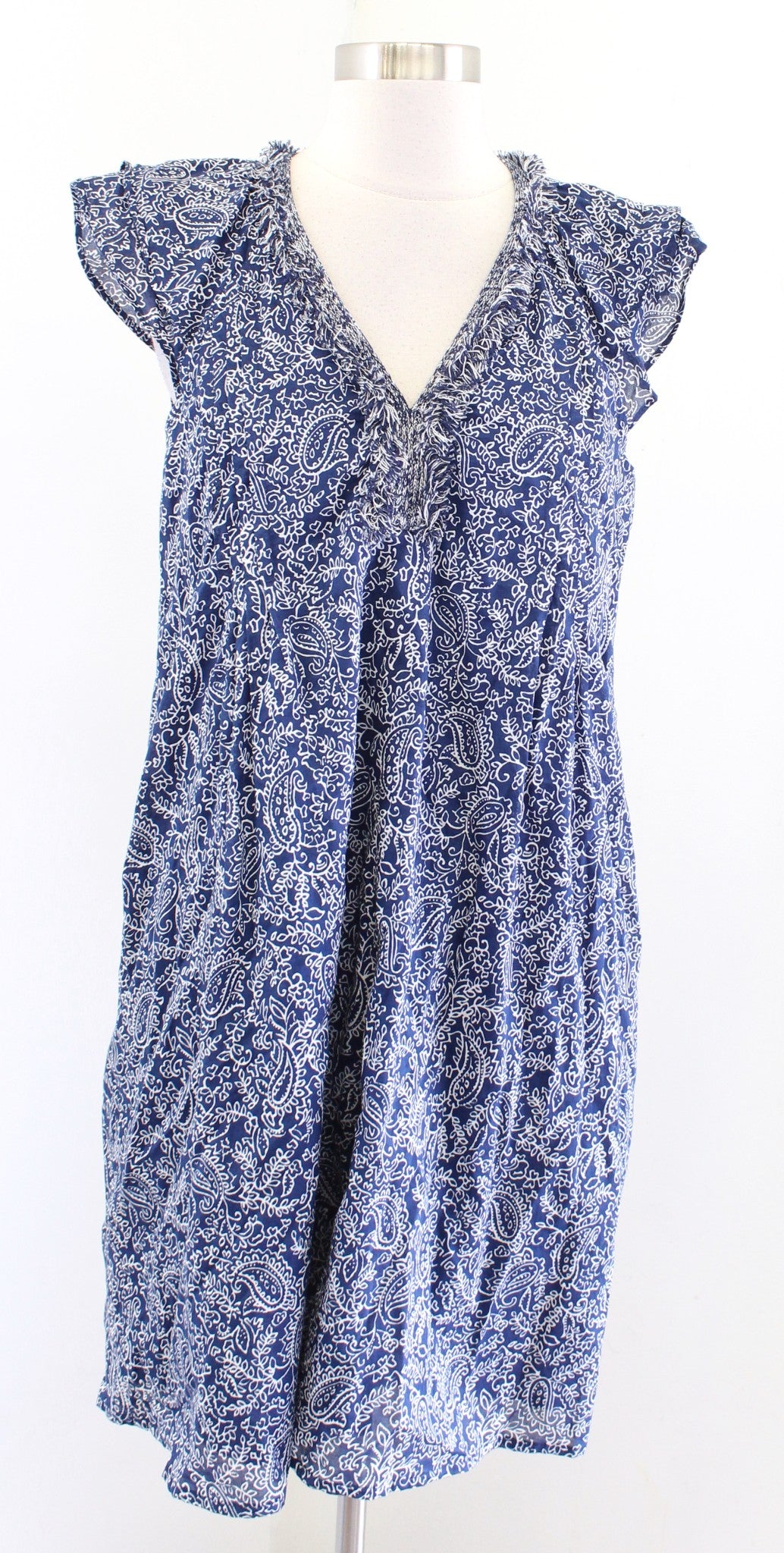 J McLaughlin Navy Blue Paisley Print Fringe Trim Cotton Shift Swing Dress Size S