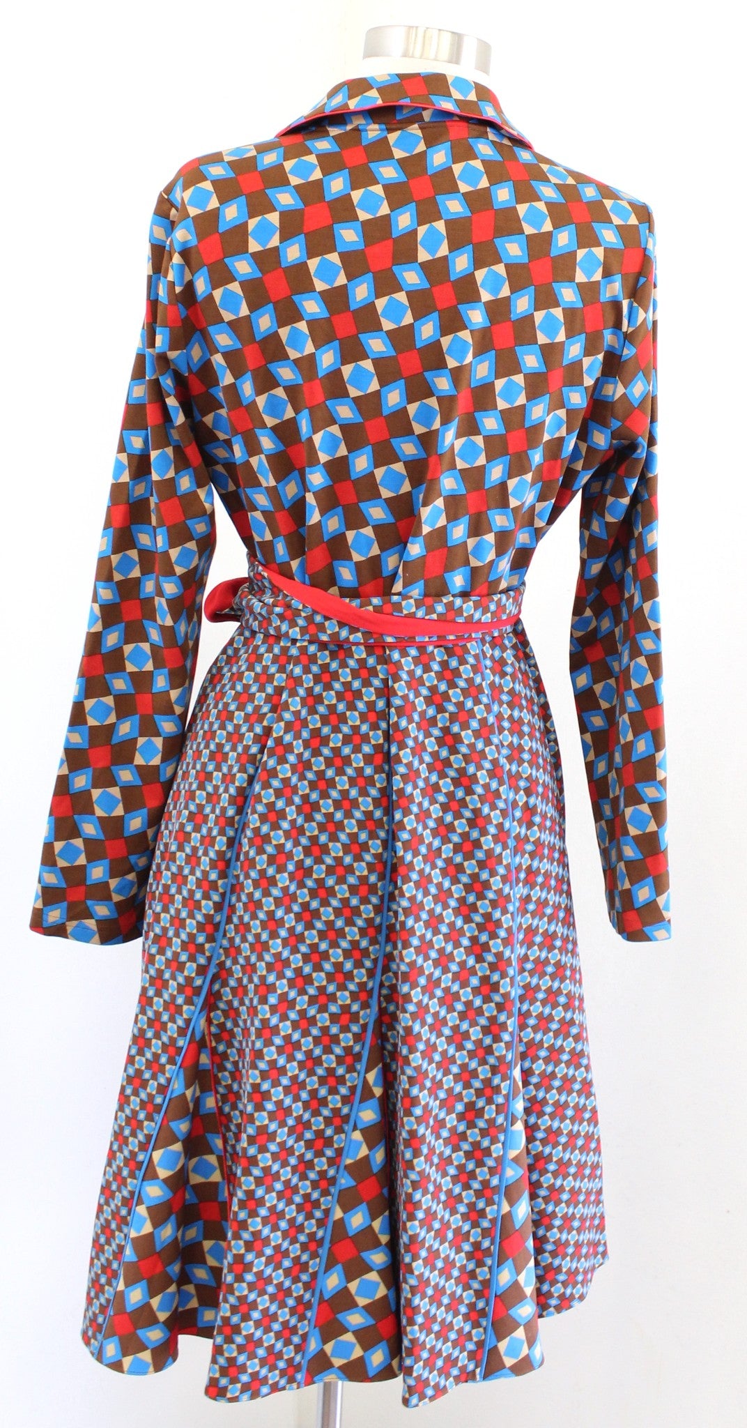 Diane Von Furstenberg Dublin Pleated Wrap Dress Size 10 Geometric Brown Red Blue
