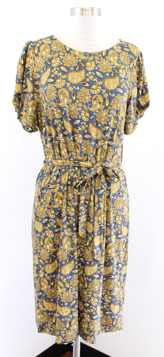 Boden Knot Detail Harvest Gold Paisley Print Jersey Dress Tie Waist Sz US 10R 10
