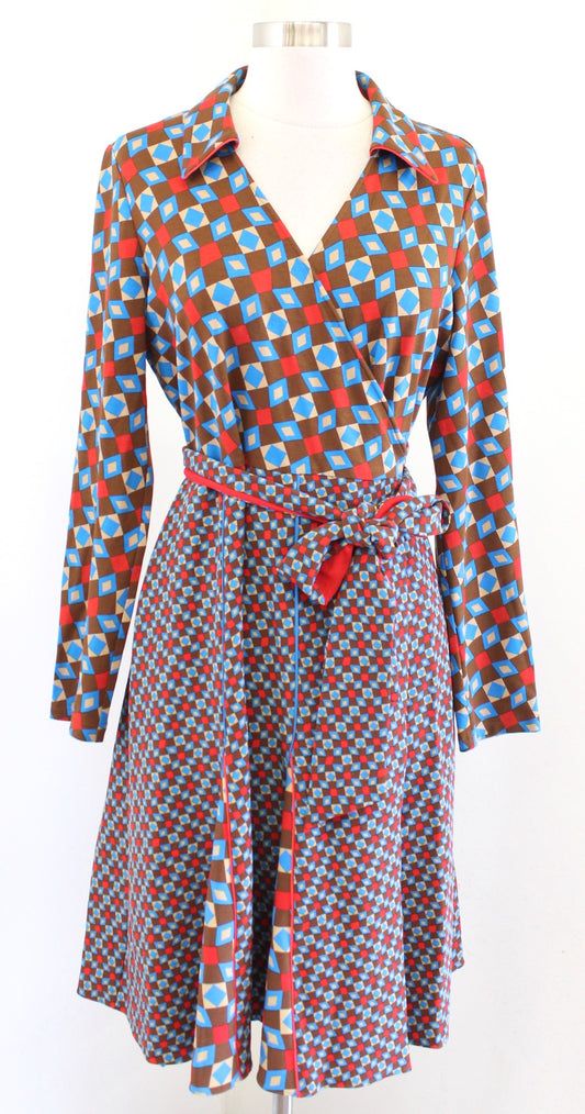 Diane Von Furstenberg Dublin Pleated Wrap Dress Size 10 Geometric Brown Red Blue