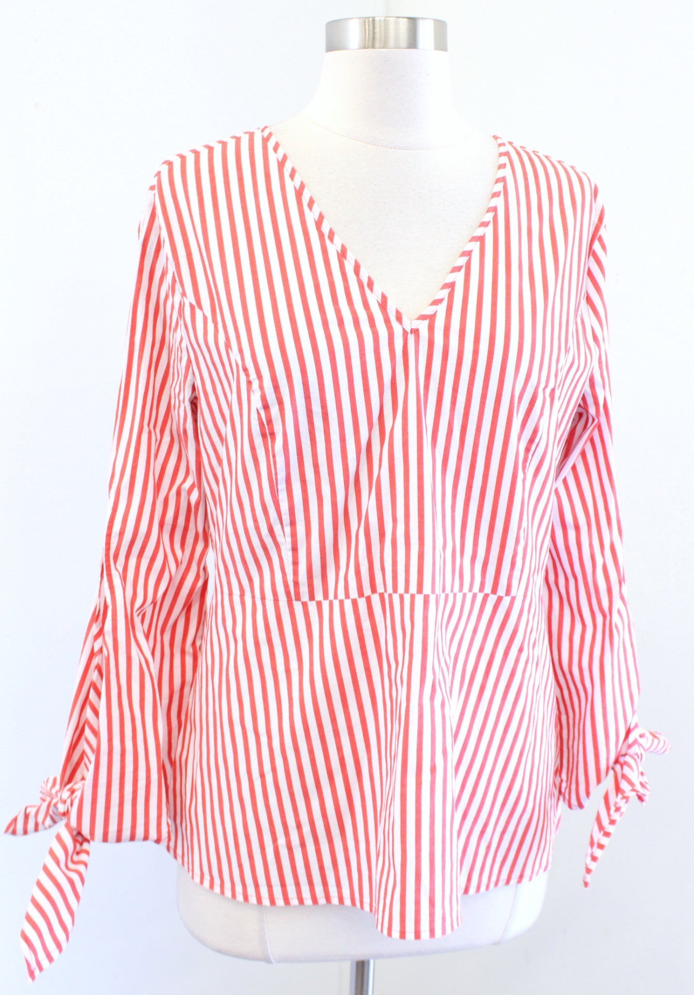 J Crew x Universal Standard Striped Poplin Tie Sleeve Blouse Top Size S V Neck
