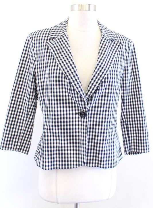 St John Navy Blue White Gingham Plaid Lightweight Cotton Blazer Jacket Size 6