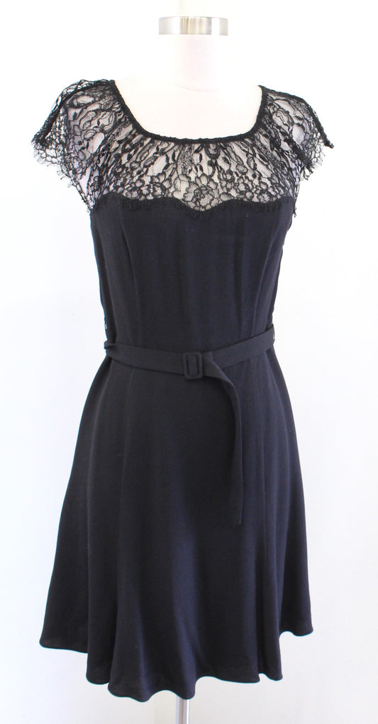 Polo Ralph Lauren Black Lace Neckline Belted A Line Flared Dress Size 2 Wool