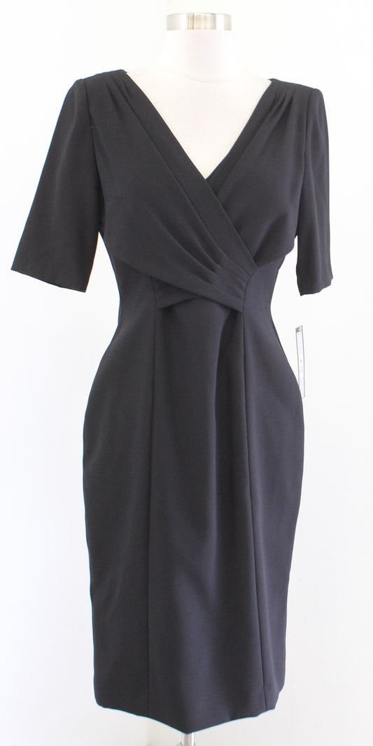 NWT Tahari ASL Levine Solid Black Crossover Bodice V Neck Sheath Dress Career 4