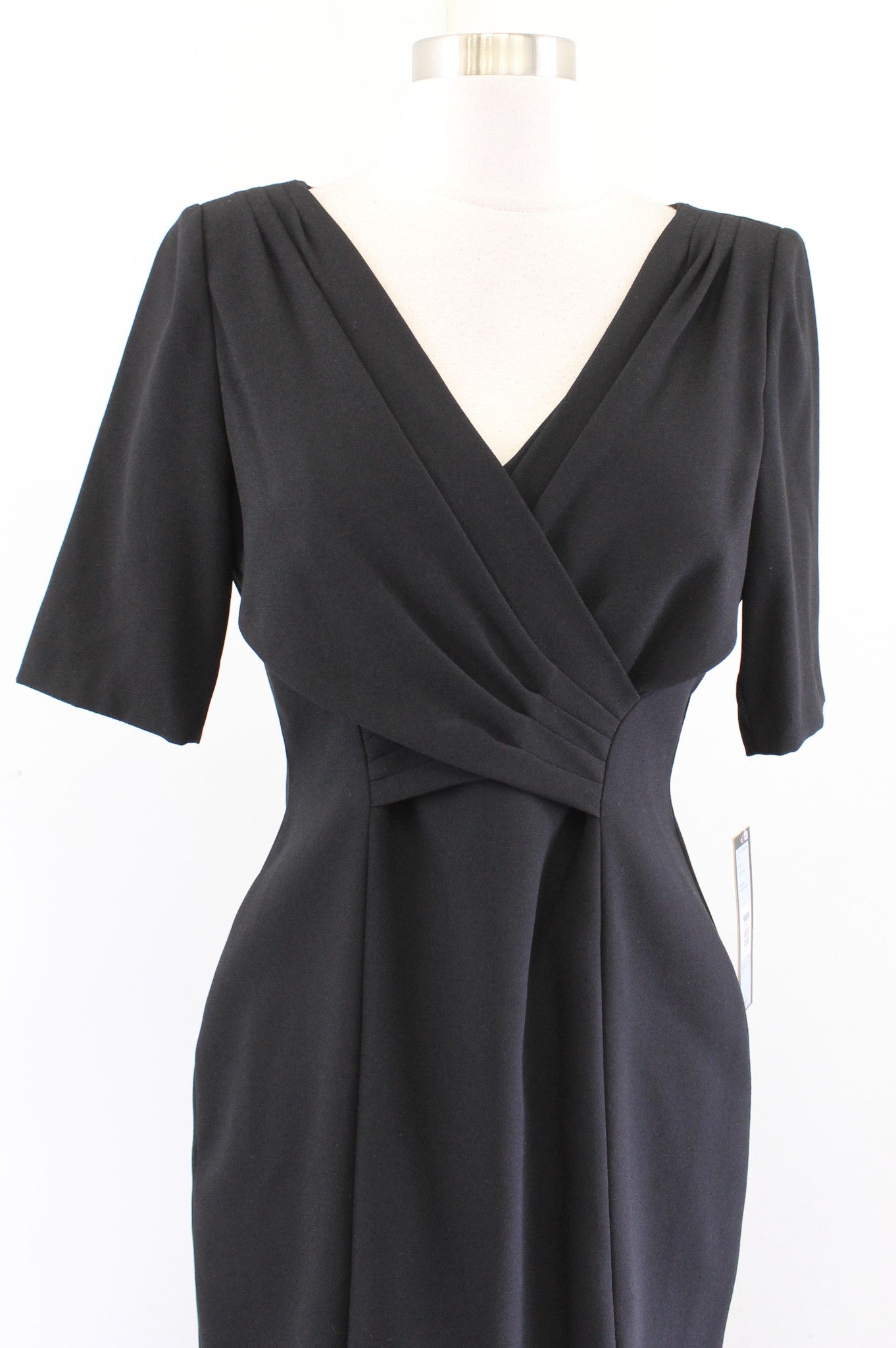 NWT Tahari ASL Levine Solid Black Crossover Bodice V Neck Sheath Dress Career 4