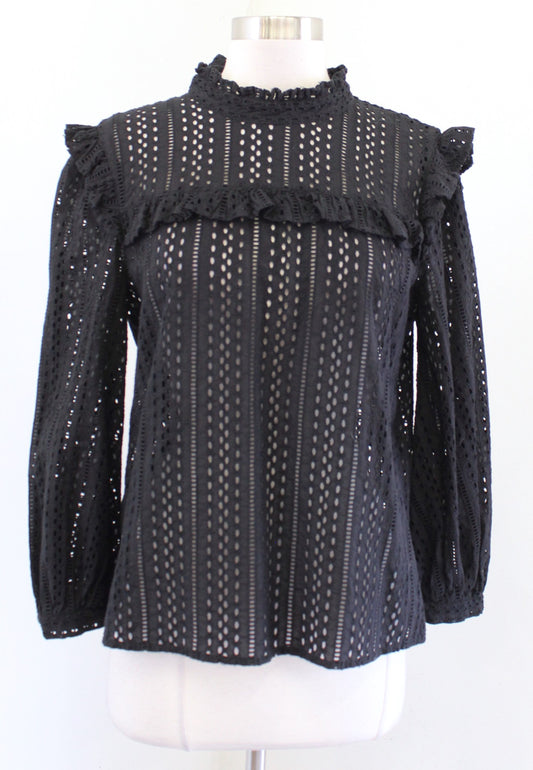 Madewell Black Eyelet Mock Neck Ruffle Top Blouse Size S Peasant Long Sleeve