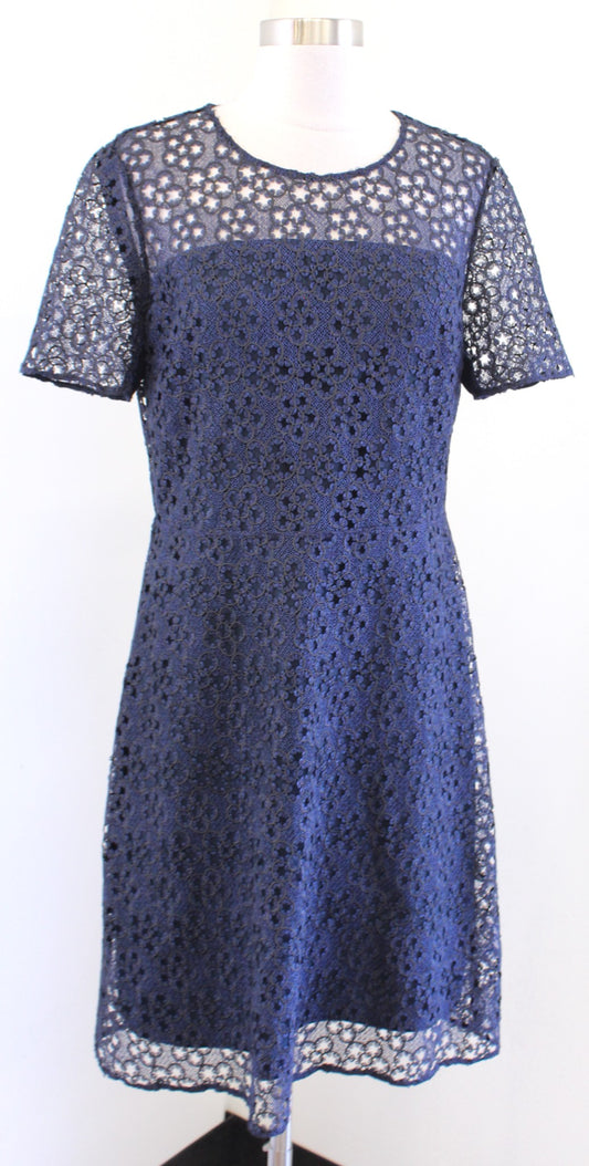 Elie Tahari Navy Blue Black Floral Lace Short Sleeve A Line Flared Dress Size 10