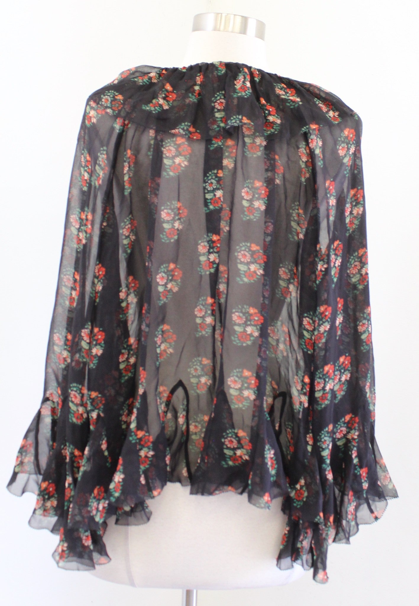 Doen Kahira Black Floral Sheer Silk Georgette Button Front Ruffle Top Blouse M