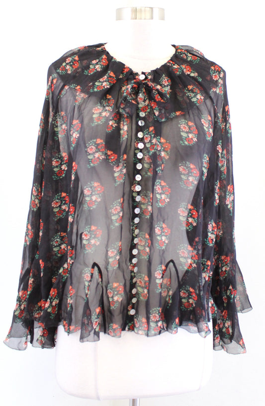 Doen Kahira Black Floral Sheer Silk Georgette Button Front Ruffle Top Blouse M