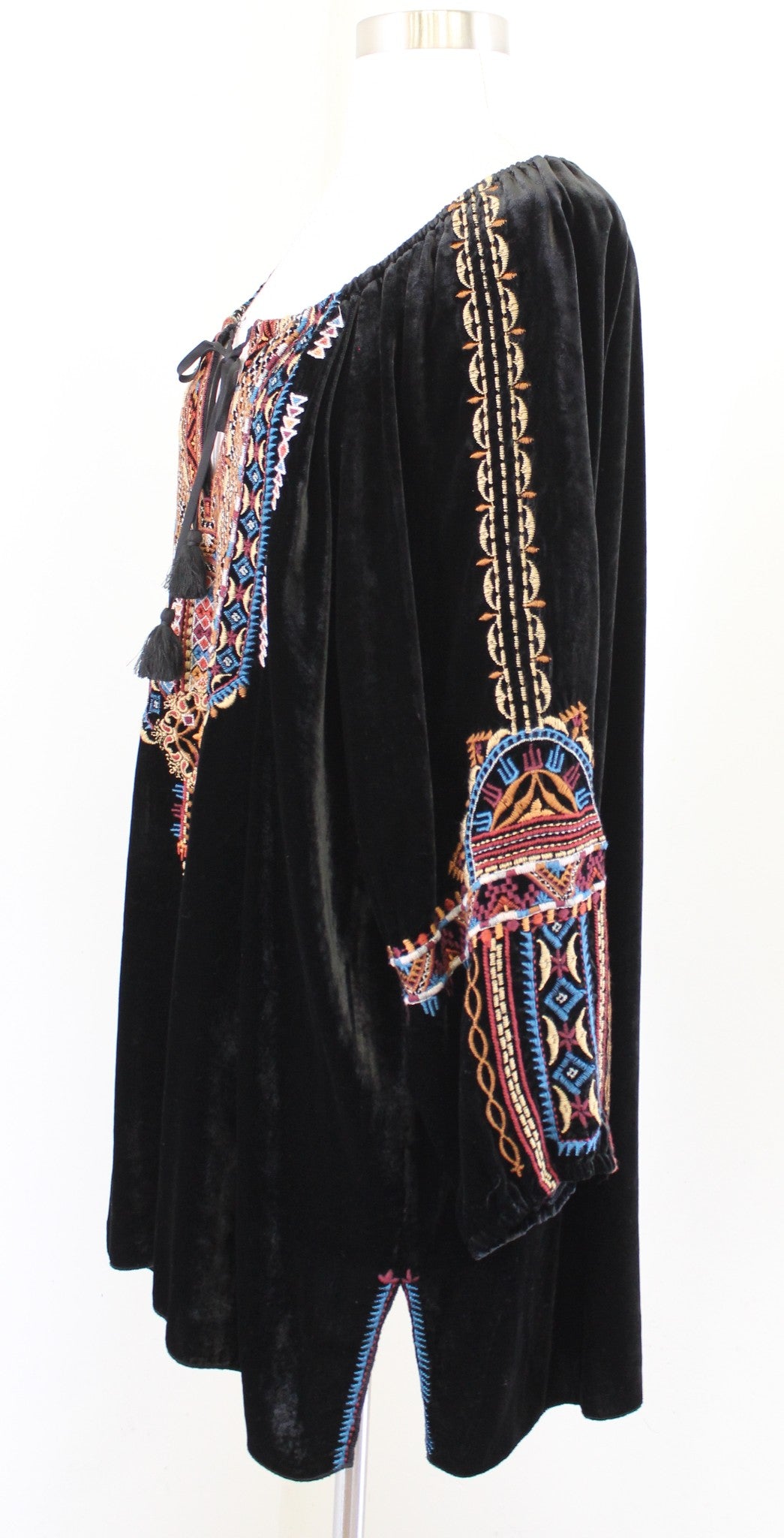Johnny Was Naomi Black Velvet Embroidered Peasant Top Blouse Size 1X Tie Neck