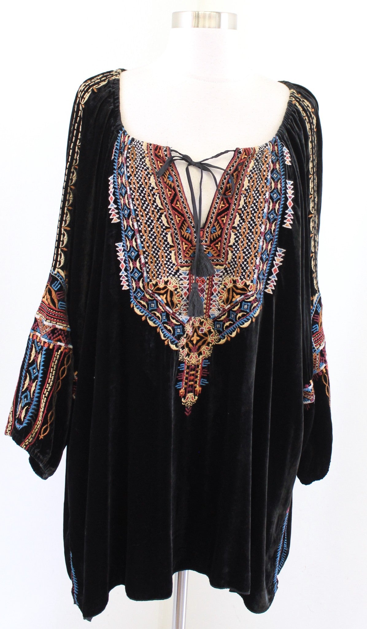 Johnny Was Naomi Black Velvet Embroidered Peasant Top Blouse Size 1X Tie Neck